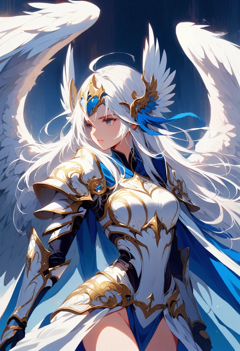 1girl angel angel_wings armor feathers_Long wing feathers_Hair Shoulder Armor Shoulder_Armor single piece_Upper wing separation_The body is white_Theme blue_Wings Wings