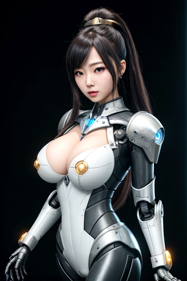 asian woman, standing, stop FRONT VIEW, tez blanca, korean, tits, futuristic clothing, modern outfit provided, NO DEFORMATIONS, beautiful, robot, cyborg, android, light, laser, League of Legends, splah art, sexy, the payment, chrome, Metal, FNAF, Animatronic, White y negro, shadows, contrast, linda, beauty, goddess, kpop, Twice, warframe, robots, EVERGLOW, Aespa, idol, star wars, steel, iron, Metal, the payment, Dark, lingerie, Dorado, gold, lights, trails, cables, wires, doll, doll, doll, haydee. neutral background, armor, haydee, hair without bangs, hair on the sides, long straight hair, hair without bangs, hair on the sides, White, White, oppai, big tits, big tits, throw, general, DIRECTOR, big breast. lights celestes, light blue lights. very big tits, HUGE TITS. body suit. perfect hands, hands with 5 fingers, hands without deformations. LARGE ROBOTIC GLOVES, gauntlet