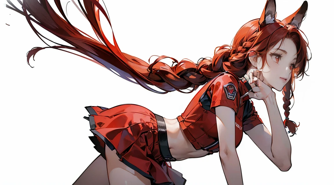 ((best quality)), ((masterpiece)), ((Practical)) 19 years old, Red Hair Girl, , Relaxed happy face ((Slim)) (full), Mini skirt lycra , Long hair, Red Eyes、Double braid、Animal ears、(((Detailed role list, Front view, side view, Three-quarter view))) White background