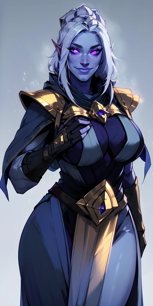 (Female chest covered) (smile) Gray and purple skin, pale golden hair and violet eyes. She prefers clothing of white and silver with cloaks of deep blue or purple, plain background, huge_knockers ((very precise detailed)) ((highres)