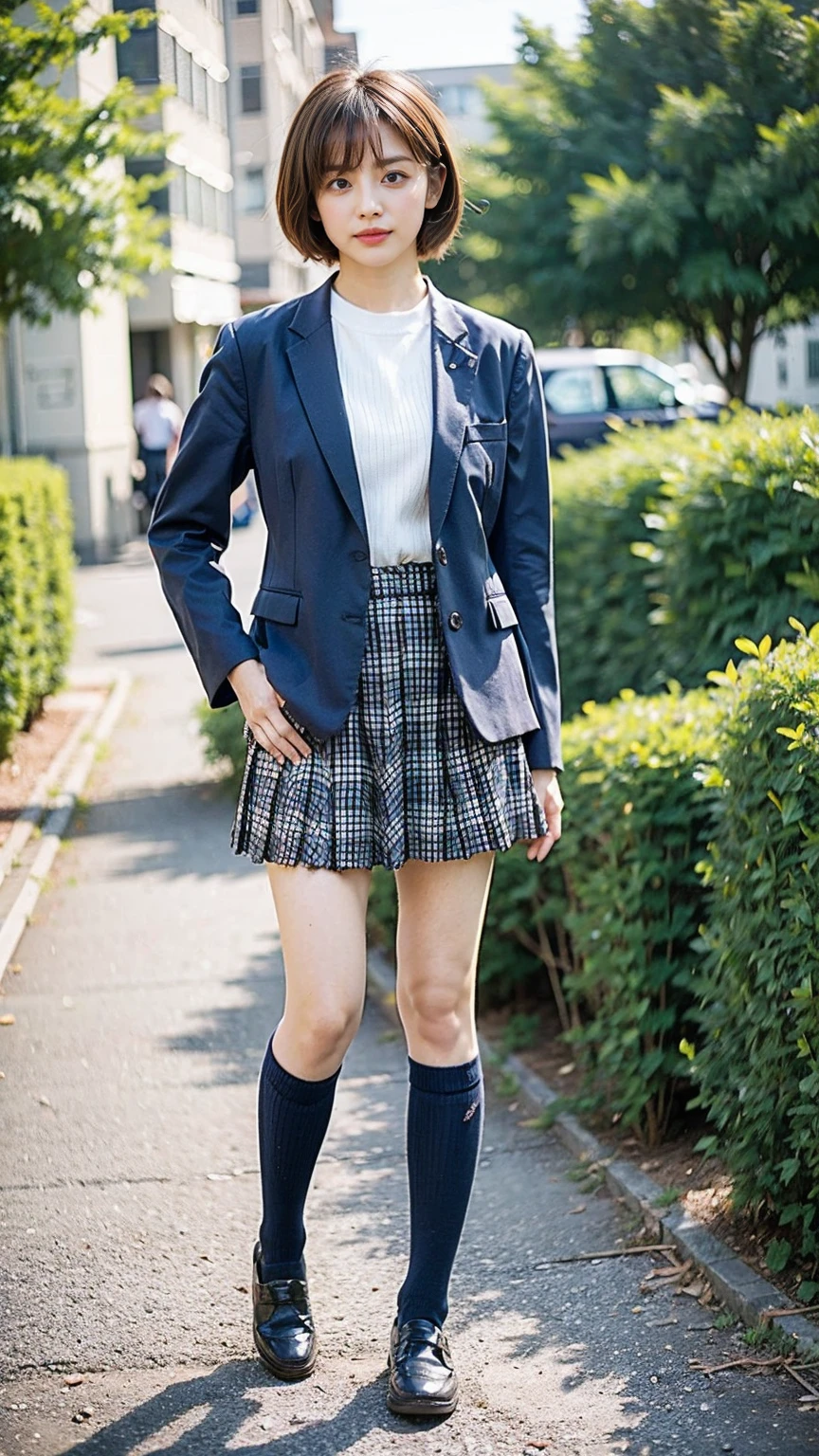 (8K、RAW Photos、Highest quality、masterpiece:1.2)、(Realistic、Realistic)、1 Girl、((Black Check Mini Skirt、High School Uniform、blazer、Navy Socks、loafers、Medium Hair、garden、View from the front、Looking into the camera、Stand with hands on hips))、cute