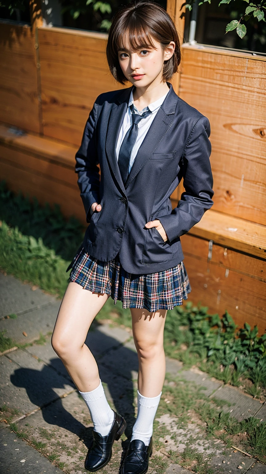 (8K、RAW Photos、Highest quality、masterpiece:1.2)、(Realistic、Realistic)、1 Girl、((Black Check Mini Skirt、High School Uniform、blazer、Navy Socks、loafers、Medium Hair、garden、View from the front、Looking into the camera、Stand with hands on hips))、cute