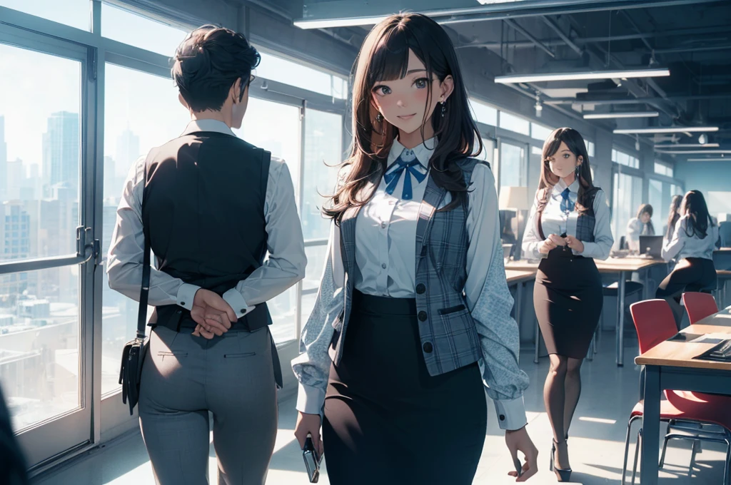 ((((1ladyl,))))  (masterpiece), (realistic), (best quality), (ultra-detailed),  amazing 30 years old wife,  pantyshot, long brown hair, office lady, Wearing a pink plaid vest, White short sleeved shirt, Gray pencil skirt, Wear stiletto heels, Necklace, earrings,  Cute face, Smile, Blushing, Shyness, Glass wall, Ultra Detail, Realistic, Front view, Whole body, (wearing in [[white and gray check pattern]] Vest worn over white collared long-sleeved shirt:1.4), (gray vest with buttons:1.2), (Pink Theme:1.2), (blue ribbon ribbon:1.3), (Black theme:1.4), (Tight black pencil skirt:1.5), ((Brown pantyhose)), (high-heels:1.1),longskirt,office desk, office chair,Lulubre Unity 8K Wallpaper, Beautiful background, clearly, Best Quality, The highest resolution, Best aesthetic,extremely detailed CG unity 8k,