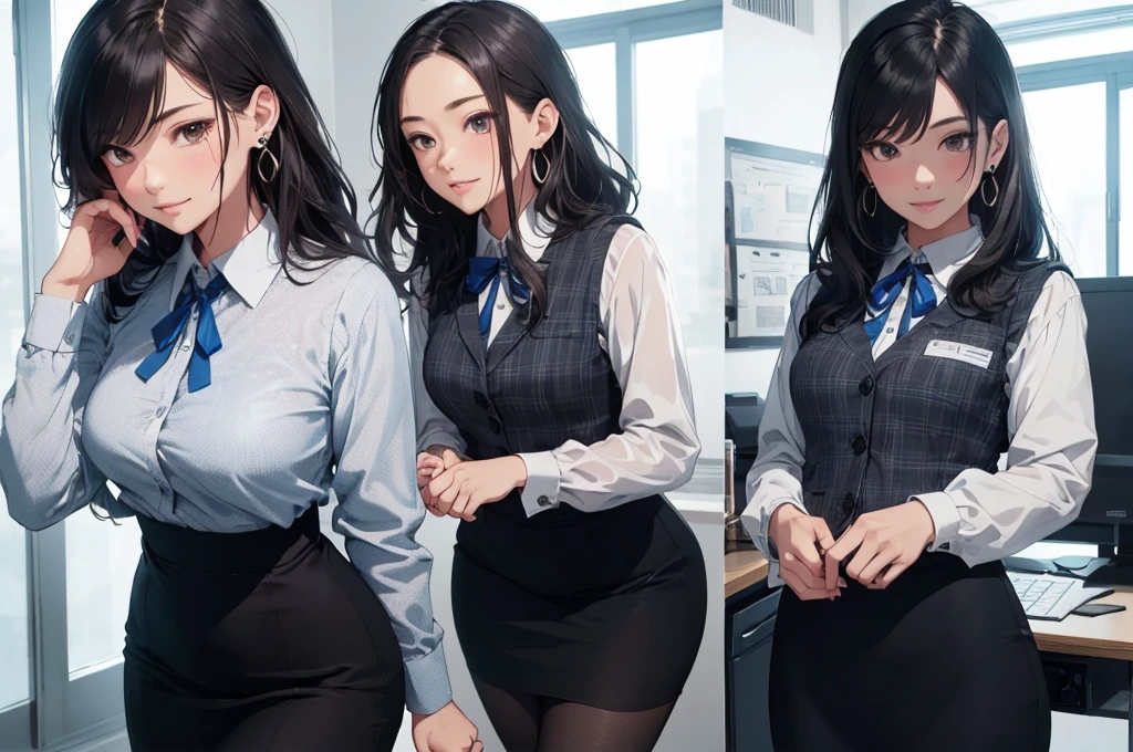 ((((1ladyl,))))  (masterpiece), (realistic), (best quality), (ultra-detailed),  amazing 30 years old wife,  pantyshot, long brown hair, office lady, Wearing a pink plaid vest, White short sleeved shirt, Gray pencil skirt, Wear stiletto heels, Necklace, earrings,  Cute face, Smile, Blushing, Shyness, Glass wall, Ultra Detail, Realistic, Front view, Whole body, (wearing in [[white and gray check pattern]] Vest worn over white collared long-sleeved shirt:1.4), (gray vest with buttons:1.2), (Pink Theme:1.2), (blue ribbon ribbon:1.3), (Black theme:1.4), (Tight black pencil skirt:1.5), ((Brown pantyhose)), (high-heels:1.1),longskirt,office desk, office chair,Lulubre Unity 8K Wallpaper, Beautiful background, clearly, Best Quality, The highest resolution, Best aesthetic,extremely detailed CG unity 8k,