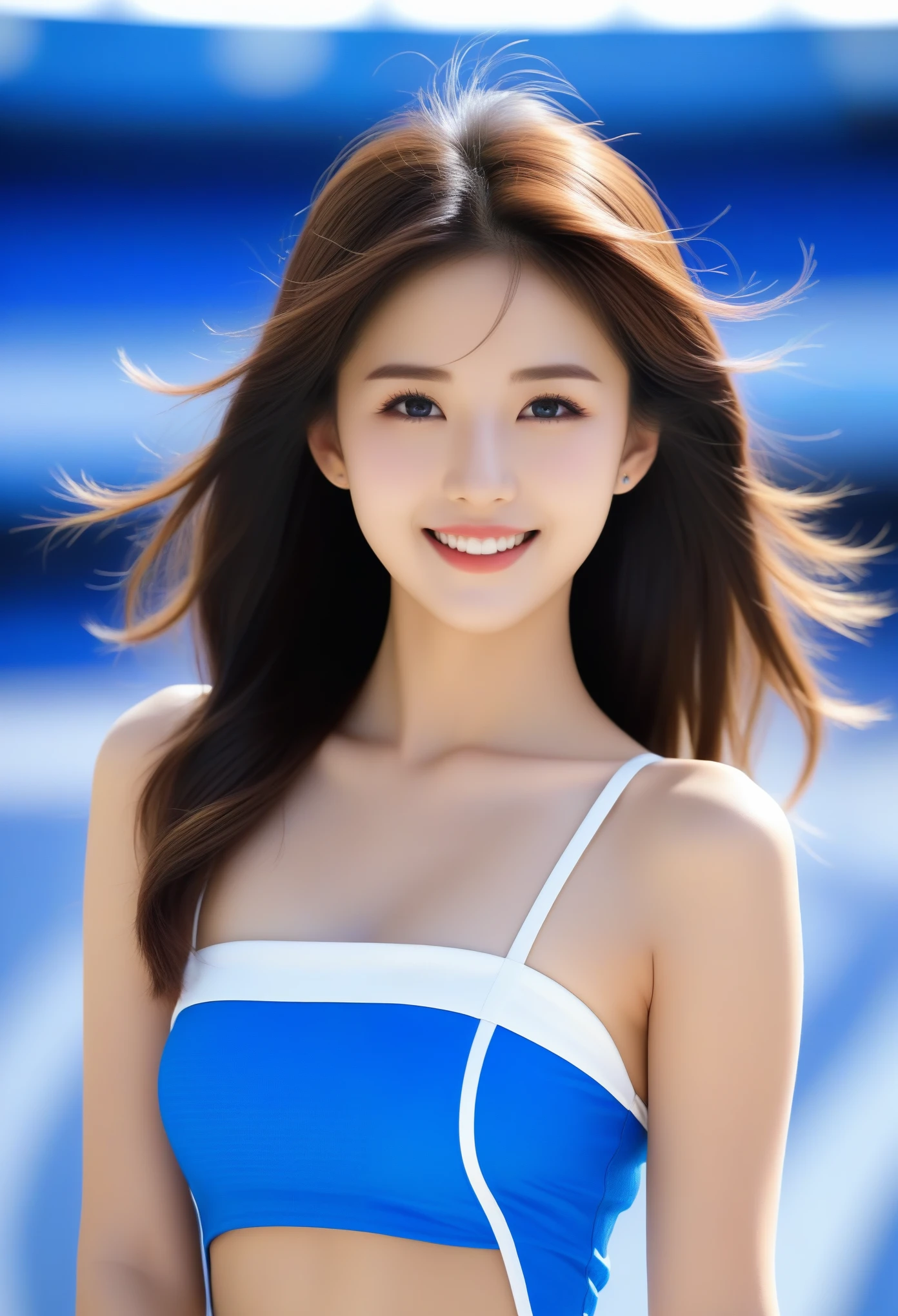 8K, Ultra-high resolution, Highest quality, masterpiece, 三分割法によるphotograph,Surreal, photograph, 1 Girl, (16 years old:1.3), pretty girl, Cute face, Beautiful eyes in every detail, 細かくdetailedに,masterpiece,, One Girl:1.2, Japan Female Announcer,Highest quality, Highest quality, 16K, Unbelievably absurd, 非常にdetailed, 2.5D, delicate and dynamic, blue sky, Confetti, Racing Car, Checkered Flag, Small face, Very delicate facial expressions, Delicate eye depiction, Upper body close-up, Only sexy women, Healthy body shape, 22-year-old woman, Race Queen, Height: 170cm, Big companies go bankrupt, Silvery long hair, Sexy long legs, 派手なRace Queenのコスチューム, Blue long skirt, White Leather Long Boots, Formula 1, Auto Racing Track,Beautiful leg line beauty,Captivating thighs,Full of sex appeal,Sensual,A carefree smile,Heal the heart,Short ponytail、beauty,Long neck、Laugh a little、Please close your mouth and laugh、(((Ideal body type))),A cup small breasts :2,、Portraiture:2、Perfect Anatomy、鮮明なdetailed、detailed、Surreal、Light and shadow,Strong light