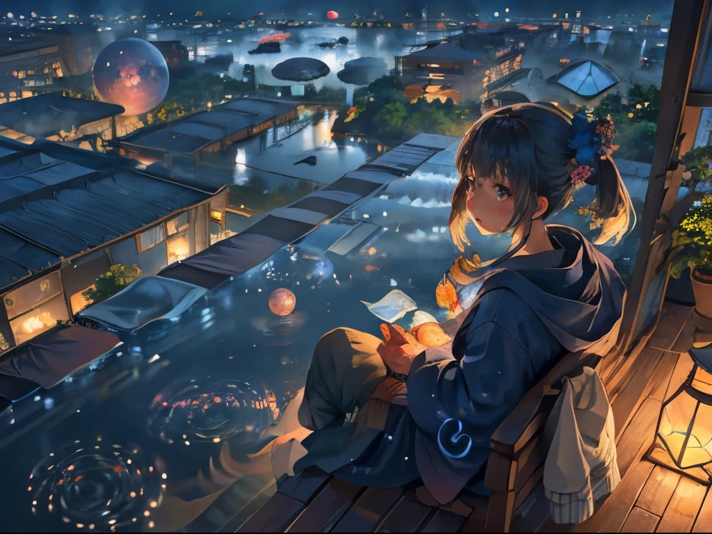 best quality, masterpiece, very detailed, detailed background, japanese cartoon movies, 1 woman, young girl, science fiction, sf, outdoors, night, starry sky, greenhouse, macrostructure, biodome, sight, sight, horizon, rooftop, sitting on rooftop, wind, looking far away, atmospheric lighting, Just focus, enlargement, from the side, depth of field, bokeh, lighting ball, floating ball、식water, water