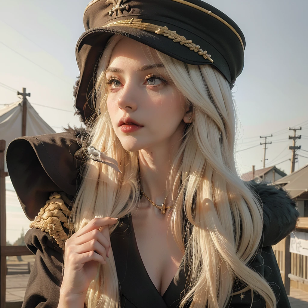 HDR, very detailed, Extra resolution, Masterpiece. 8k hd, a woman wearing a black gothic style military uniform, black military hat with gold details, iron cross symbol on the military hat, hips up, big breasts, realistic, Black-red set, white coat, black hair, Dark theme, military camp background, intense stare, elegant gesture, flowing dress, Detailed facial features, Long eyelashes, contrast, great details, Incredible atmosphere, Gothic style, black and white plate, Fascinating setting, Haunting beauty, artistic photography, everything is black