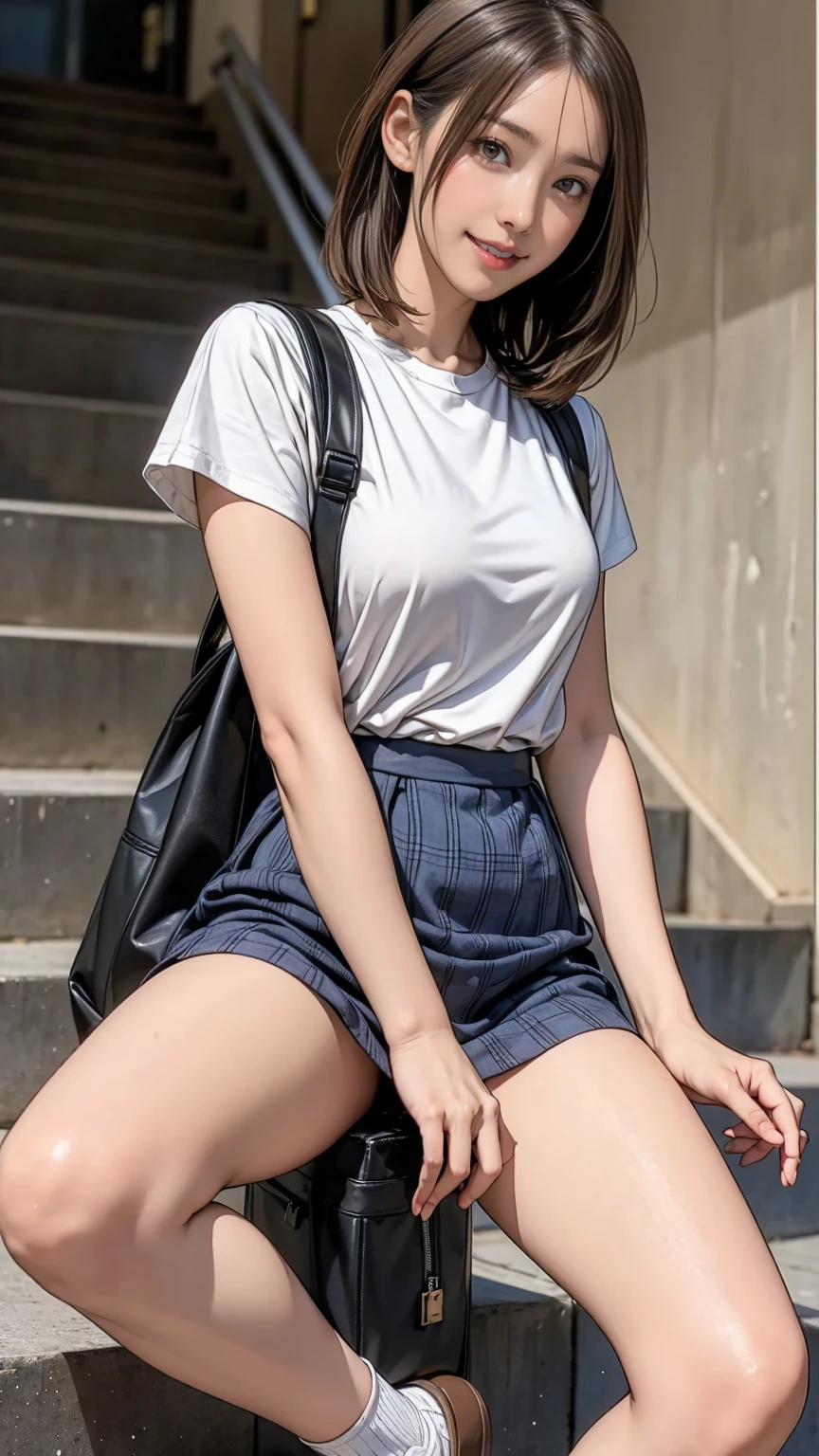 ((masterpiece)),(((Highest quality))),Thin thighs,Long legs,An 18-year-old high school girl standing on the school steps,White shirt,Blue and red plaid mini skirt:1.5,The best smile,White panties:1.5，Short-cut blonde:1.5，short side wave，Carrying a black backpack，Wear black boots，Spread your legs and show your panties:1.5，