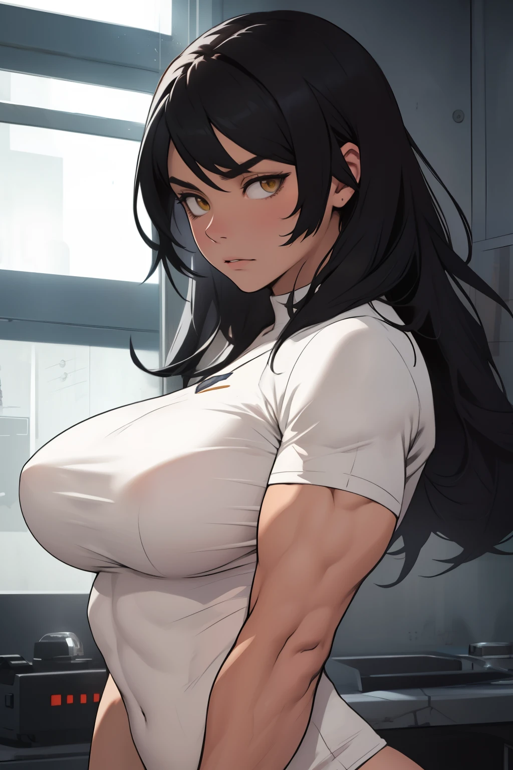 massive hair massive muscles massive breasts massive legs massive thighs massive body super thick black hair yellow eyes pale skin long hair expressionless sad girl