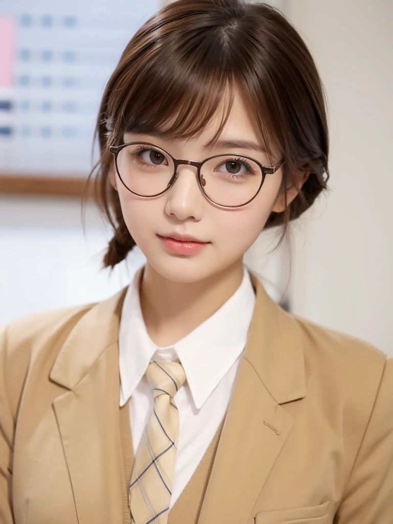1girl, masterpiece, high_quality, office_uniform, glasses, brown_hair