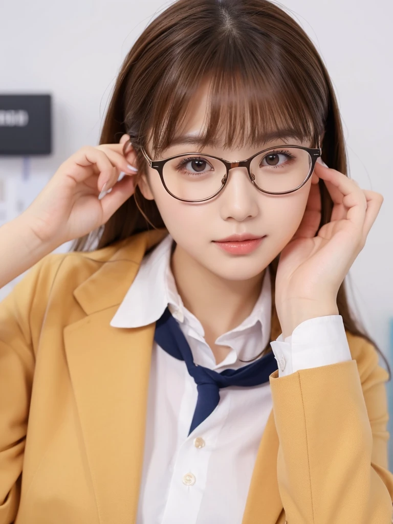 1girl, masterpiece, high_quality, office_uniform, glasses, brown_hair