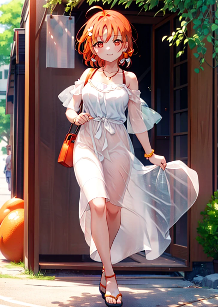 chika　takami,Orange Hair,Ahoge,Red eyes,smile,blush,Orange off-shoulder dress,Bare shoulders,bare clavicle,Bare neck,Short sleeve,Heart-shaped necklace,Long skirt,Cute heeled sandals,Walking,Daytime,Clear skies,whole bodyがイラストに入るように break outdoors, Building district, break looking at viewer, whole body, break (masterpiece:1.2), Highest quality, High resolution, unity 8k wallpaper, (figure:0.8), (Beautiful attention to detail:1.6), Highly detailed face, Perfect lighting, Highly detailed CG, (Perfect hands, Perfect Anatomy),