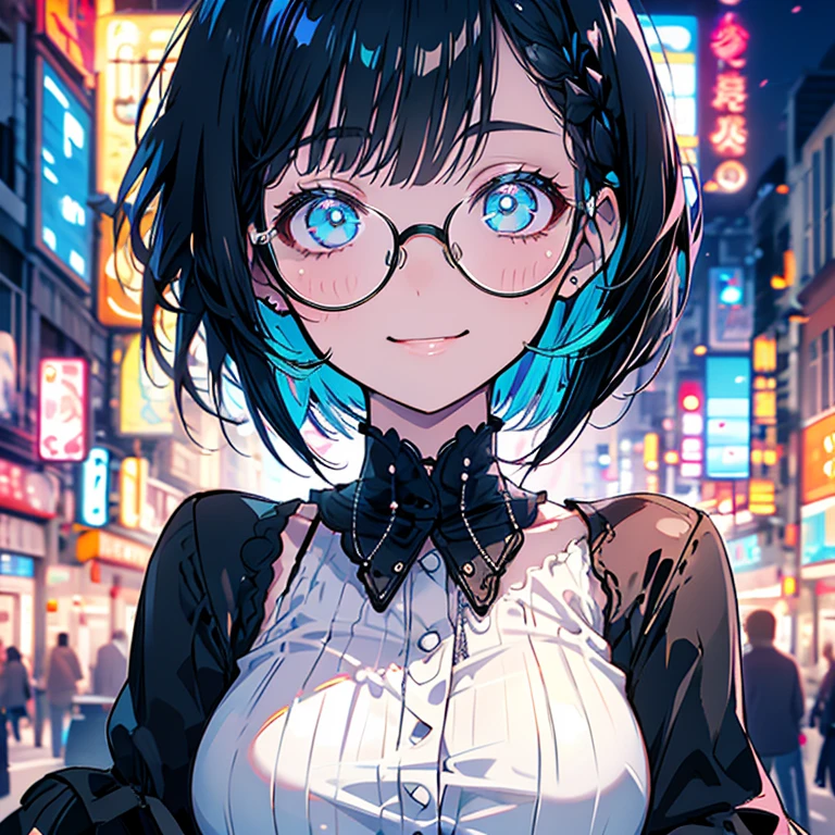 Highest quality,Highest Resolution,sexy,neon,Short Bob,Very beautiful eyes,smile,Big Breasts,whole body,Glasses,Black Hair