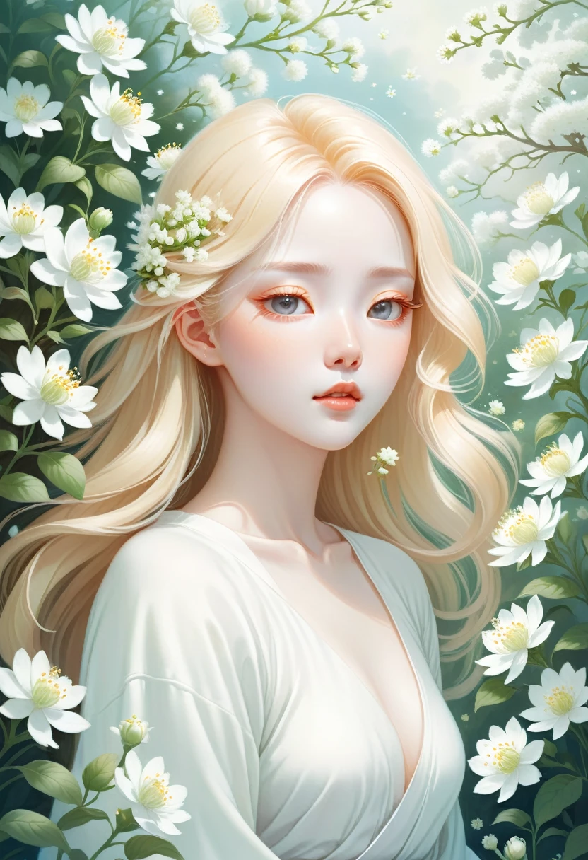 An illustration with soft tones and a dreamy feel。The characters in the picture are covered with a large number of small white flowers,Gives a hazy and mysterious visual effect。Soft space,Modern illustration elements。Tranquility、Pure atmosphere,Reminiscent of spring and new life。blond woman with white flowers covering her face and eyes, inspired by Hsiao-Ron Cheng, inspired by Yanjun Cheng, by Ayami Kojima, by Hsiao-Ron Cheng, by Yanjun Cheng, Guweiz, artwork in the style of Guweiz, by Eizan It's a gift, cake, james jean and wlop