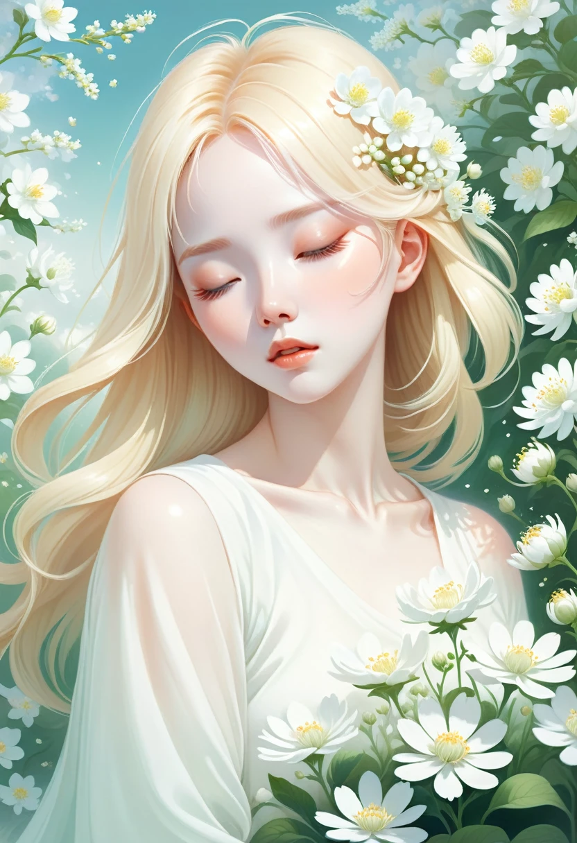 An illustration with soft tones and a dreamy feel。The characters in the picture are covered with a large number of small white flowers,Gives a hazy and mysterious visual effect。Soft space,Modern illustration elements。Tranquility、Pure atmosphere,Reminiscent of spring and new life。blond woman with white flowers covering her face and eyes, inspired by Hsiao-Ron Cheng, inspired by Yanjun Cheng, by Ayami Kojima, by Hsiao-Ron Cheng, by Yanjun Cheng, Guweiz, artwork in the style of Guweiz, by Eizan It's a gift, cake, james jean and wlop