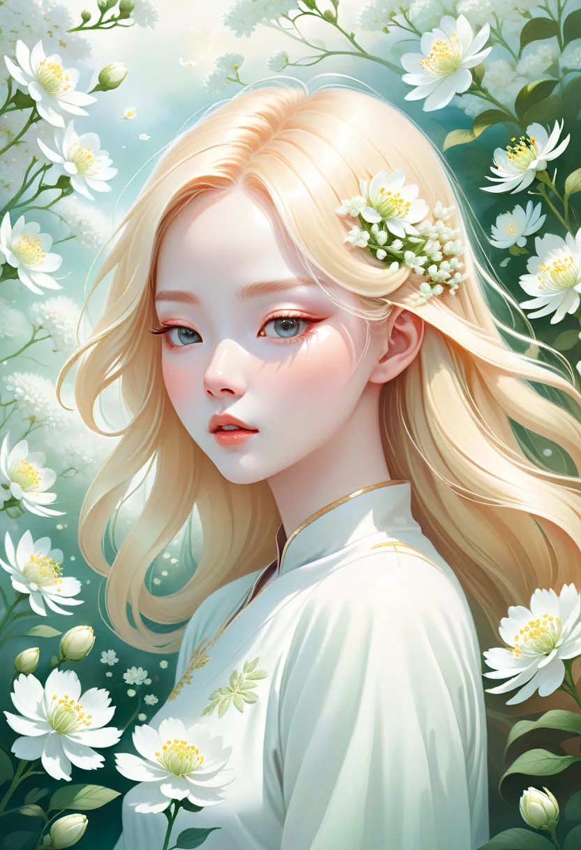 An illustration with soft tones and a dreamy feel。The characters in the picture are covered with a large number of small white flowers,Gives a hazy and mysterious visual effect。Soft space,Modern illustration elements。Tranquility、Pure atmosphere,Reminiscent of spring and new life。blond woman with white flowers covering her face and eyes, inspired by Hsiao-Ron Cheng, inspired by Yanjun Cheng, by Ayami Kojima, by Hsiao-Ron Cheng, by Yanjun Cheng, Guweiz, artwork in the style of Guweiz, by Eizan It's a gift, cake, james jean and wlop