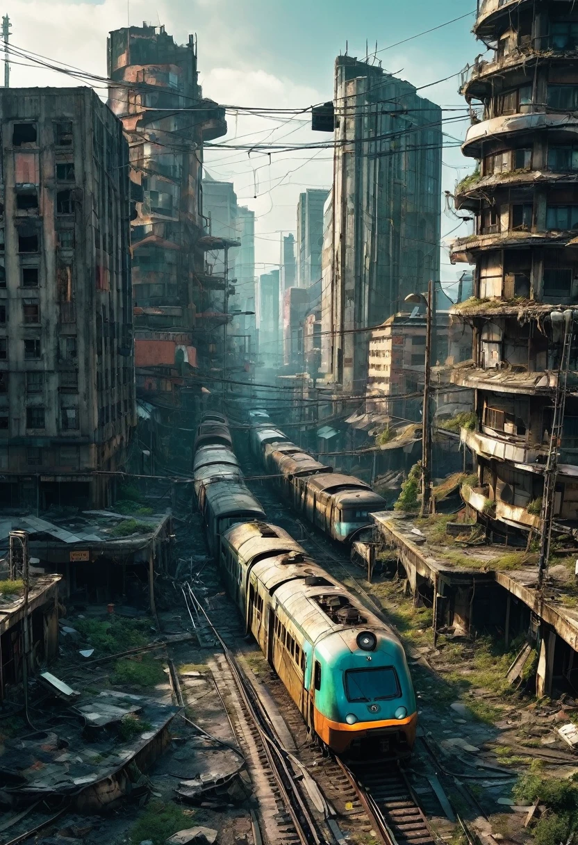 Image of the center of a modern ultra futuristic abandoned city with a rusty and dirty abandoned train standing among the ruined dirty modern round and circular buildings. Cyberpunk style, Science fiction, top view from a height of 30 meters, apocalipse nuclear, urban scenery with traffic light poles and fallen wires, there is a fence around the buildings, There are billboards fallen from buildings