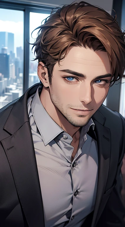 (best quality,4k,8k,highres,masterpiece:1.2),ultra-detailed,(realistic,photorealistic,photo-realistic:1.37),1 man,31 years old,mature man,very handsome,without expression,smile,short grey brown hair,blue eyes,penetrating gaze,perfect face without errors,imposing posture,businessman,office background,cinematic lighting,hdr image