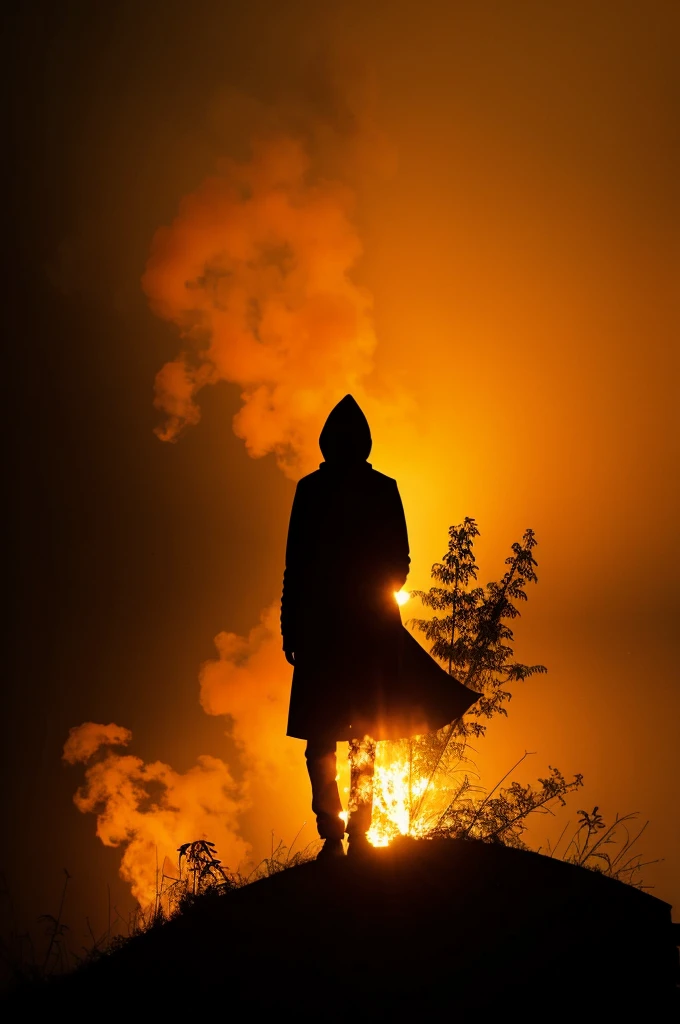 Silhouette of a person enveloped in a flaming fog 