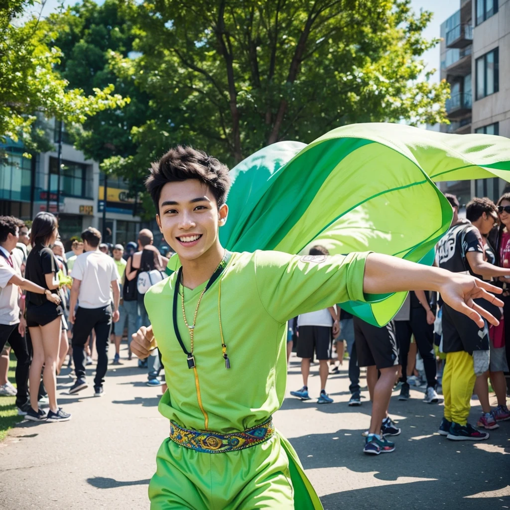 Create an image of a young male activist wearing vibrant green clothing. He should be in a dynamic, energetic pose, creatively inspiring and exciting a diverse group of people around him. The setting should be lively and colorful, reflecting a sense of enthusiasm and creativity. Include elements that highlight his charismatic and motivational personality, such as expressive gestures, an engaging smile, and vibrant surroundings filled with creativity and positive energy.