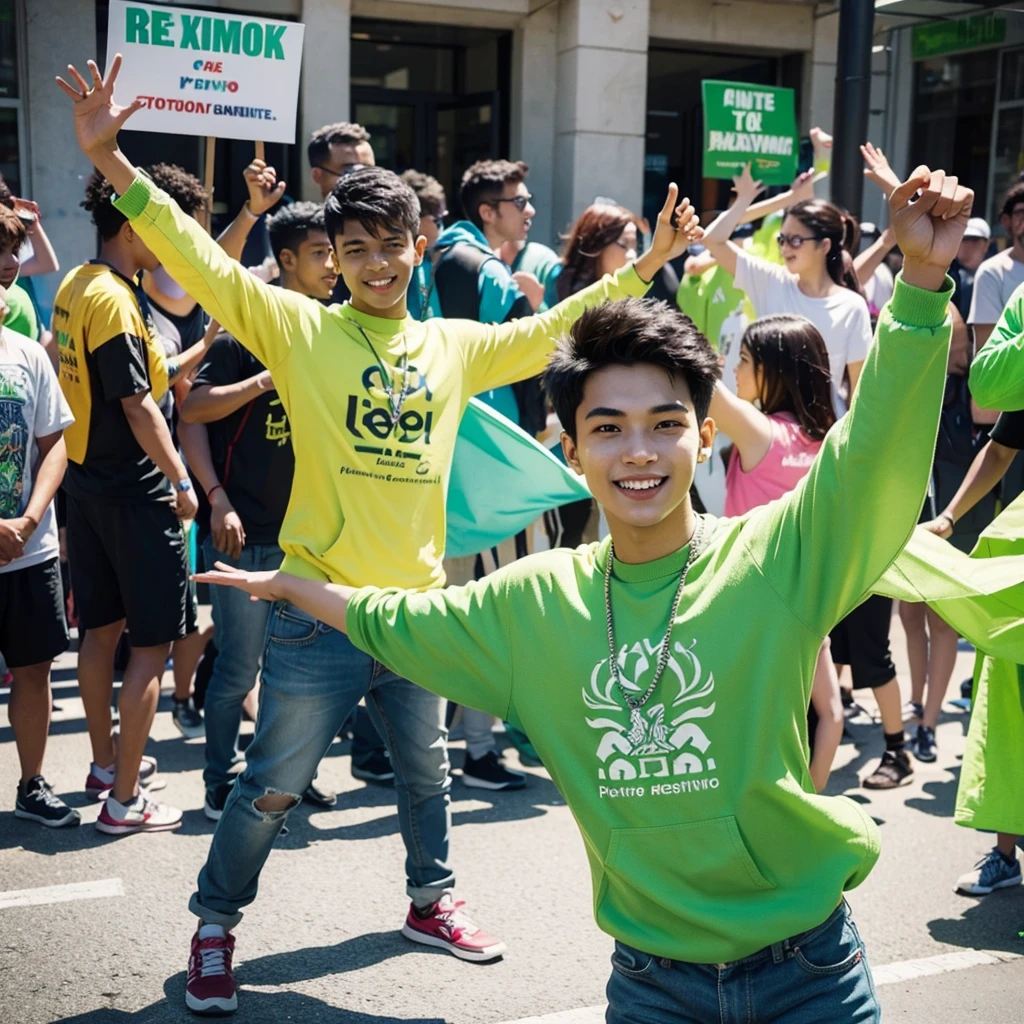 Create an image of a young male activist wearing vibrant green clothing. He should be in a dynamic, energetic pose, creatively inspiring and exciting a diverse group of people around him. The setting should be lively and colorful, reflecting a sense of enthusiasm and creativity. Include elements that highlight his charismatic and motivational personality, such as expressive gestures, an engaging smile, and vibrant surroundings filled with creativity and positive energy.