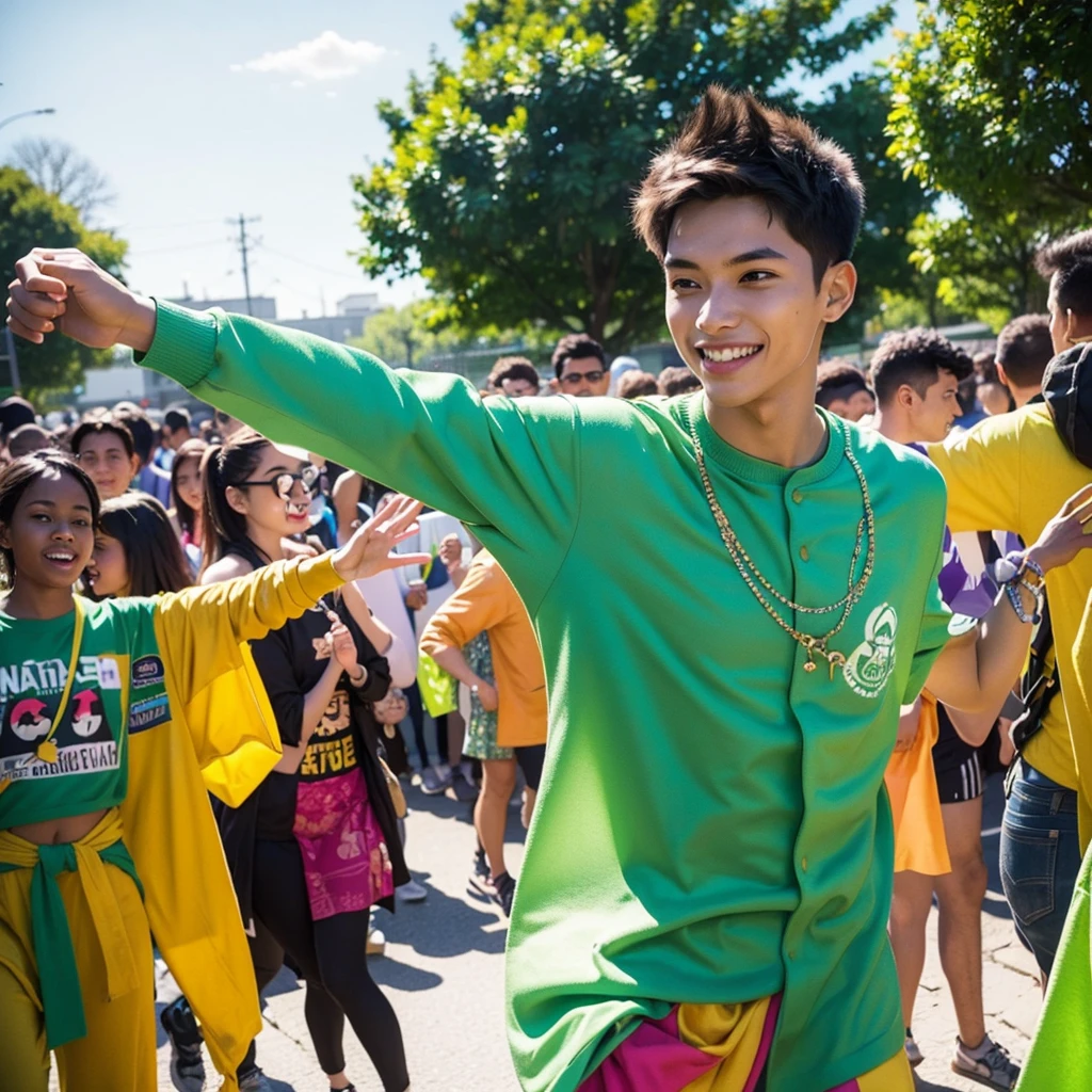 Create an image of a young male activist wearing vibrant green clothing. He should be in a dynamic, energetic pose, creatively inspiring and exciting a diverse group of people around him. The setting should be lively and colorful, reflecting a sense of enthusiasm and creativity. Include elements that highlight his charismatic and motivational personality, such as expressive gestures, an engaging smile, and vibrant surroundings filled with creativity and positive energy.