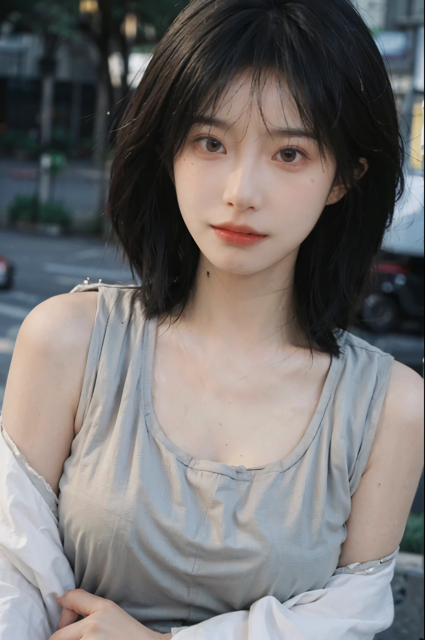(Skin details:1.4), (smooth skin textures:1.3), Lipstick, background, earrings, Serene, calm, (Realistic and detailed eyes:1.2), (Large Breasts:1.3),Natural skin texture, Realistic facial details, Soft dramatic lighting, Vivid details, 35 mm film, outdoor, (Photo Practical:1.4), (hyper Practical:1.4), (Practical:1.3), (Smoother lighting:1.05), (Improve lighting quality:0.9), (Highest quality real skin textures:1.4), Exquisite eyes, Delicate face, Close-up of face, (Enhance the beauty of skin texture:1.1), Hair details, Model,normal body ratio, short hair, Moles under the eyes, Park background,Portrait Photography, Depth of Field, bokeh, Surrealism, Ray Tracing, (Portrait Photography:1.1), Surrealism, High Detail, clair obscur, Ray Tracing, reflected light, ultra HD, ultra HD, masterpiece, Textured Skin, Super Detail, High Detail, high quality, best quality