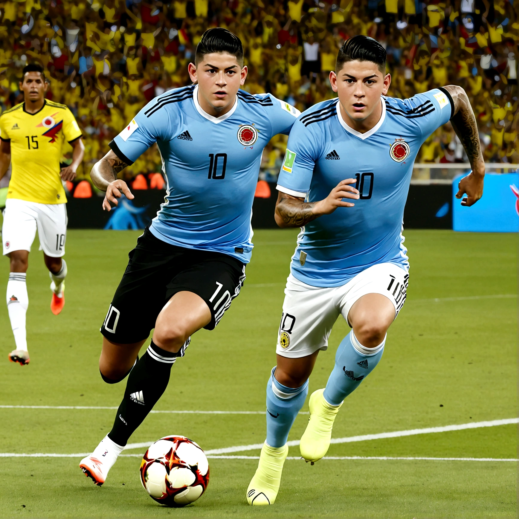 Soccer game, Colombia vs Uruguay, James Rodriguez vs Uruguay, fireball towards the screen 