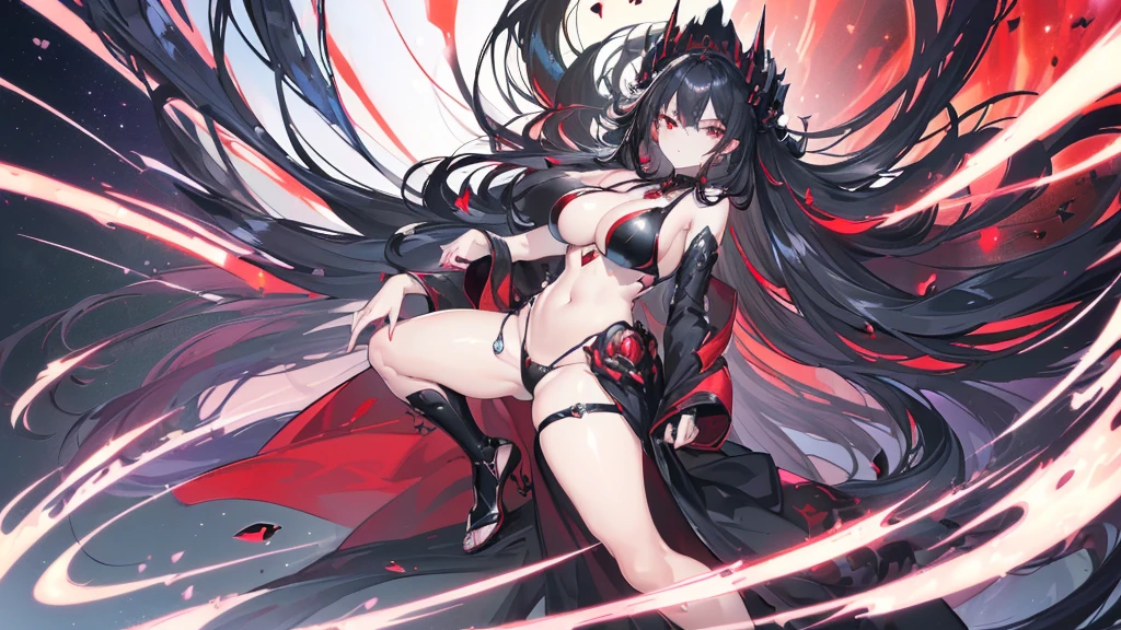 (Exquisite eyes),(Clear and beautiful eyes:1.61),masterpiece, ung girl,(Black clothes and some red gems), Black long hair, (She has a huge red gem on her chest), Good Hand,((The Havoc of StarCraft)),full-body shot,Fighting Stance,(Red Eyes:1.466)，short and small,(Very big breasts:1.35),(Pretty Face),(full-body shot:1.33),Beautiful hands
