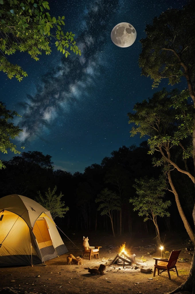 A cùte environment of jungle, with a full moòn night,all the animal do camp fire party,with fruits like bananas,apples,graphs,etc,a fox distribute fruits to other animals ,but suddenly an eagle join them ,trees are ģlow with moon rays ,stars are twinkling, camp fire see so beautiful