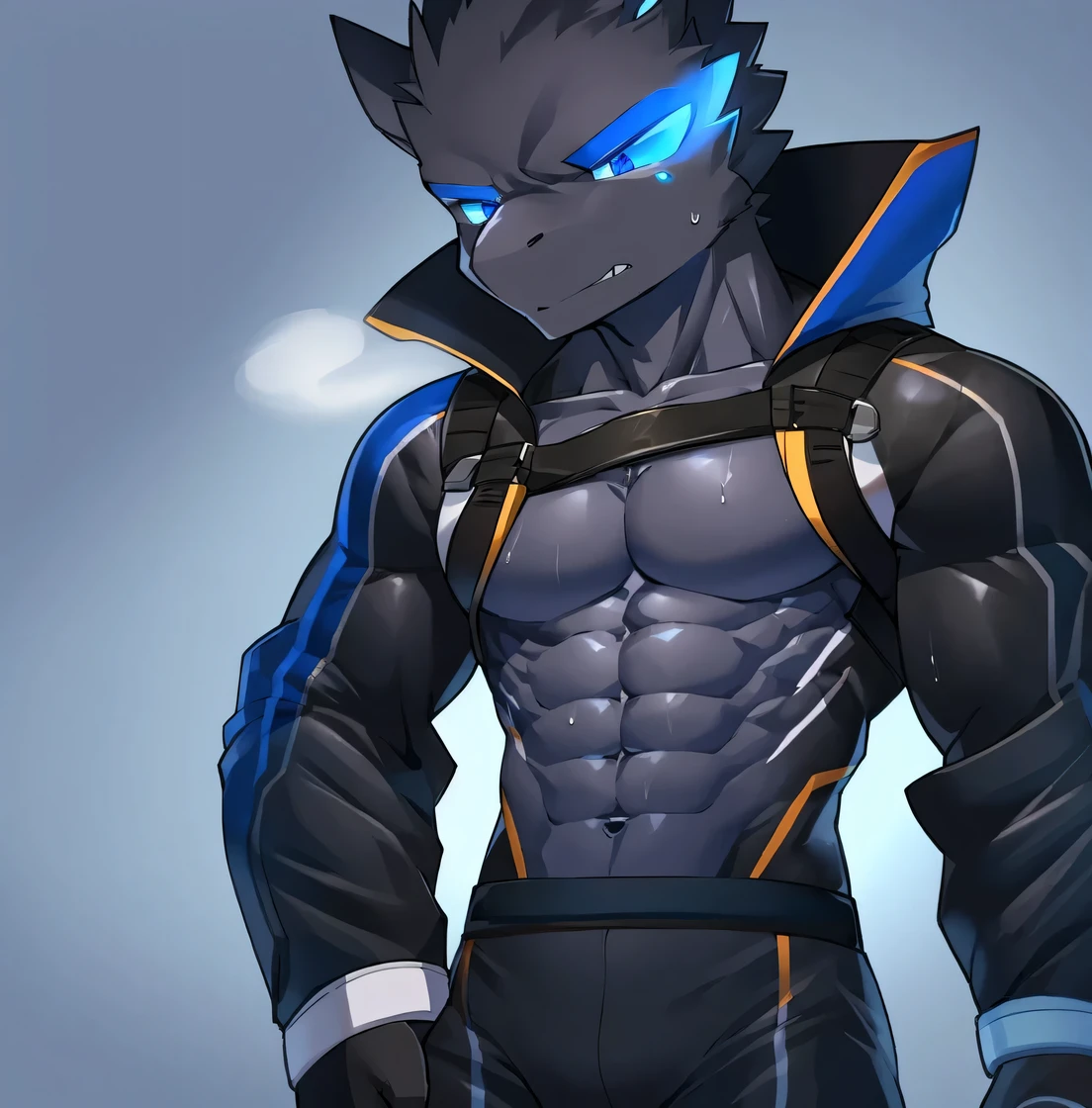 Thin macho　western black dragon　　abs　　　　　Hollow abs　　body suit　　thick arms　　　chest rig　　　、sweaty　　　skin glow　　profile　　Wearily　short of breath　　  　Chemo shota　　
have a 　blue eyes　Tired look jacket