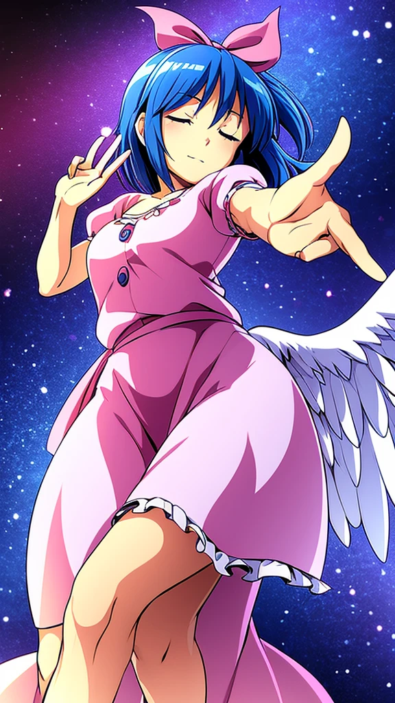 masterpiece, best quality, 1girl, , , 10 years old, medium blue hair, hair flaps, pink ribbon on head, well-formed face, blue eyes, angel girl, white blouse, puffy short sleeves, red ribbon, angel wings, long white skirt, red shoes, frills, ribbon head, from behind, to lift up one’s skirt, cowboy shot, from front, standing , raise one leg, crossed arms, arms up behind, arms behind back, hand between legs, put hands hip, one hand on hip, forward hands, arms raised in the air, punch hands, peace sign, waving, put up index finger, sit, lie down, closed eyes, lie face down, looking back, put one hand chest, leaning forward, cleavage, close up, horizontally outstretched arms, horizontally outstretched legs, front view, front face