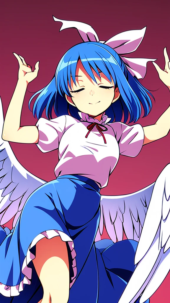masterpiece, best quality, 1girl, , , 10 years old, medium blue hair, hair flaps, pink ribbon on head, well-formed face, blue eyes, angel girl, white blouse, puffy short sleeves, red ribbon, angel wings, long white skirt, red shoes, frills, ribbon head, from behind, to lift up one’s skirt, cowboy shot, from front, standing , raise one leg, crossed arms, arms up behind, arms behind back, hand between legs, put hands hip, one hand on hip, forward hands, arms raised in the air, punch hands, peace sign, waving, put up index finger, sit, lie down, closed eyes, lie face down, looking back, put one hand chest, leaning forward, cleavage, close up, horizontally outstretched arms, horizontally outstretched legs, front view, front face