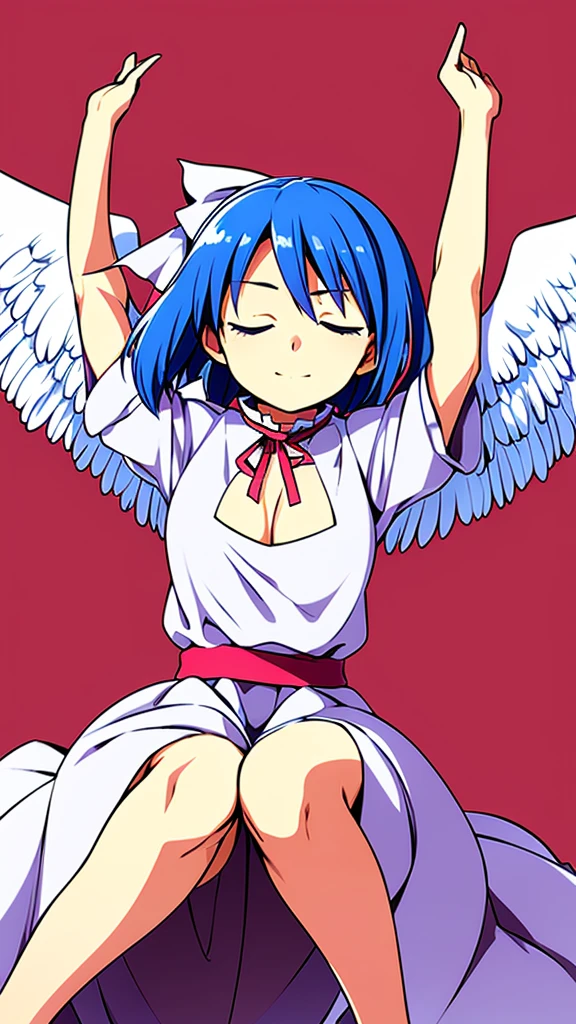 (best quality,4k,8k,highres,masterpiece:1.2), ultra-detailed, highly detailed texture, intricate details, high quality textures, A cute teenage angel with blue eyes, drawn in anime style, 1girl, , , 10 years old, medium blue hair, hair flaps, pink ribbon on head, well-formed face, blue eyes, angel girl, white blouse, puffy short sleeves, red ribbon, angel wings, long white skirt, red shoes, frills, ribbon head, A pair of angel wings on the back, from behind, to lift up one’s skirt, cowboy shot, from front, standing , raise one leg, crossed arms, arms up behind, arms behind back, hand between legs, put hands hip, one hand on hip, forward hands, arms raised in the air, punch hands, peace sign, waving, put up index finger, sit, lie down, closed eyes, lie face down, looking back, put one hand chest, leaning forward, cleavage, close up, horizontally outstretched arms, horizontally outstretched legs, front view, front face, huge breasts for short stature