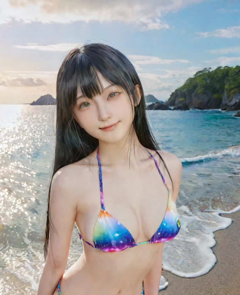 resolution,sharp focus,(highly detailed,very detailed),(photorealistic artwork:1.2),(highly detailed CG unity 8k wallpaper),(((vibrant colors,vibrant themes))),(complex),(masterpiece),(best quality),art photography,(photography by:sldr),(complex background),perfectly rendered face,perfect facial details,realistic face,((complex detail),(((realism))),photorealism!!!,smooth anime CG art,anime realism,3d anime real(masterpiece,premium quality:1.2),girl photo,beautiful girl,black hair woman,long hair,bangs,long hair,japanese girl,cute girl,22 years old girl,slim girl,slender girl,soft body lines,skinny girl,shiny smooth skin,((medium bust)),(sexy bikini:1.2),observing the audience,navel,smile,nature,evening,weather,beautiful clouds,shore,sea,wink,movie lighting,movie composition,