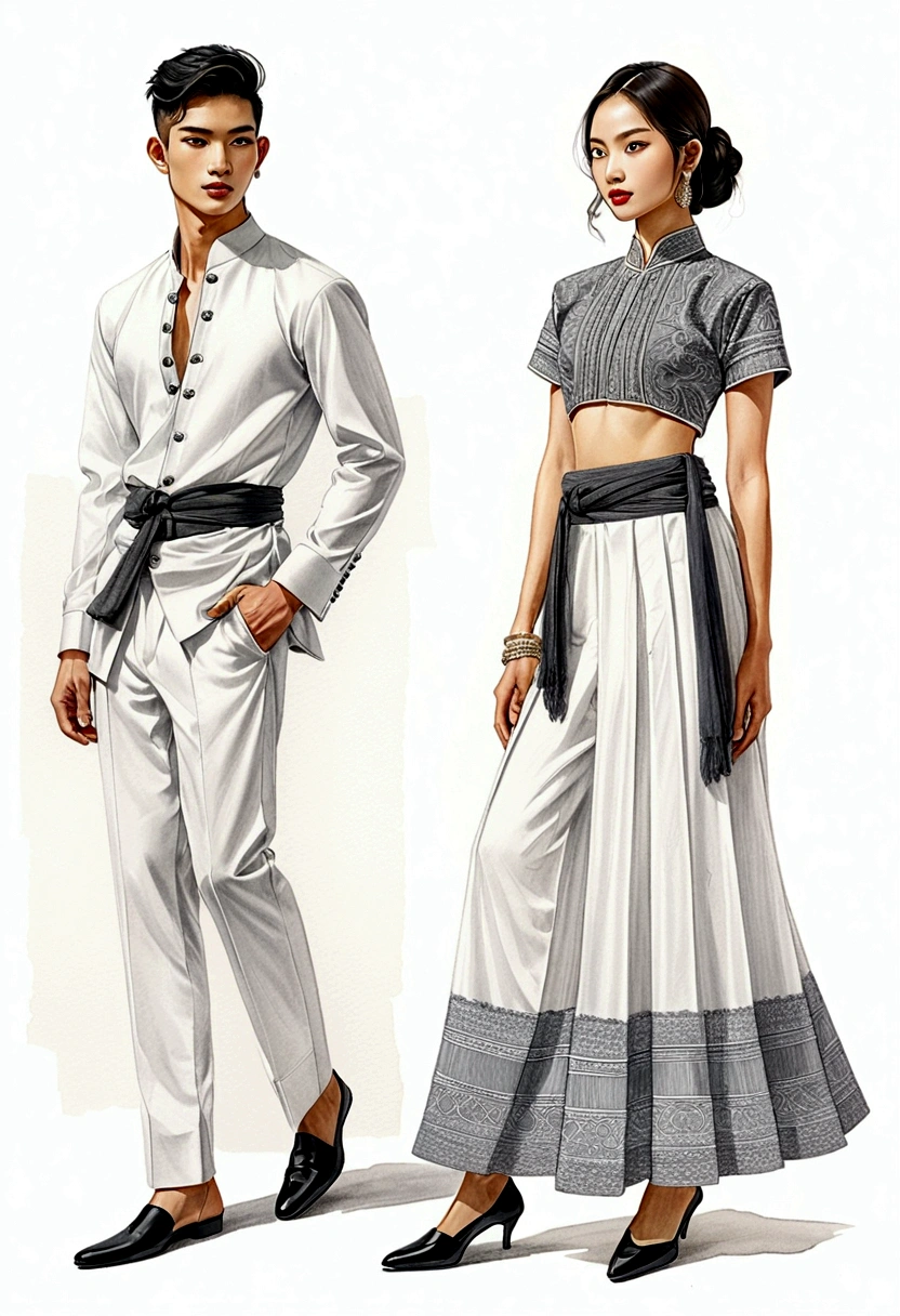 candid fashion illustration of two young man and women, 20 year old, adorned in a meticulously crafted North Thai traditional outfit, ((showcase fashion in a Northern Thai style, cotton handwoven in white color)), simple elegant and luxury style, The man wears a simple long-sleeved white shirt with minimal details, paired with white Tailor pants, and shoes, The woman complements him with white tubular skirt or Sarong with simple patterns, ankle-length and is wrapped around the waist detail, and A fitted intricately decorated blouse that complements the skirt. Captured in a low angle, ((full-body image)), stands gracefully against the white backdrop. Their attire simple with intricate embroidery and white accents, each element carefully chosen to reflect the rich Lanna cultural heritage, ((white studio background)), realistic color pencil lines, perfect drawing, charcoal lines, fading sketch, quick Sketch, soft light, fashion illustration, fashion sketching