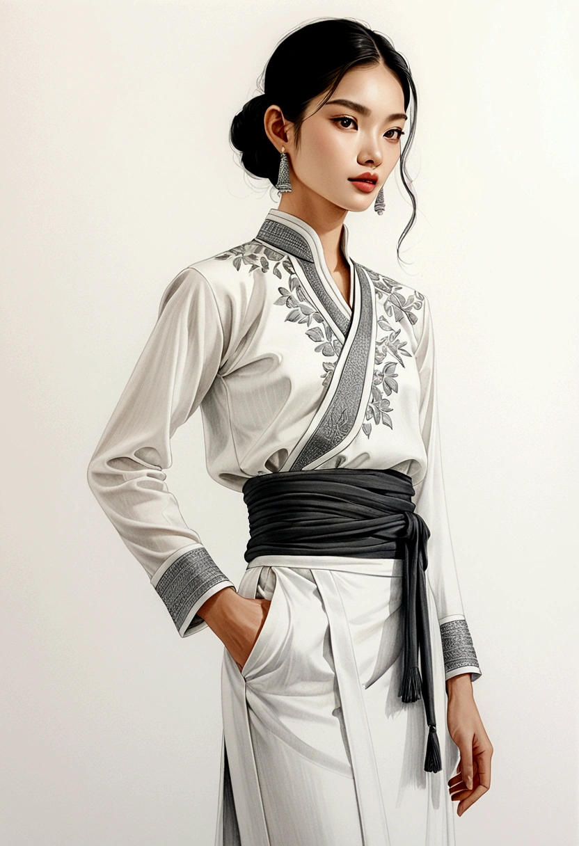 candid fashion illustration of two young man and women, 20 year old, adorned in a meticulously crafted North Thai traditional outfit, ((showcase fashion in a Northern Thai style, cotton handwoven in white color)), simple elegant and luxury style, The man wears a simple long-sleeved white shirt with minimal details, paired with white Tailor pants, and shoes, The woman complements him with white tubular skirt or Sarong with simple patterns, ankle-length and is wrapped around the waist detail, and A fitted intricately decorated blouse that complements the skirt. Captured in a low angle, ((full-body image)), stands gracefully against the white backdrop. Their attire simple with intricate embroidery and white accents, each element carefully chosen to reflect the rich Lanna cultural heritage, ((white studio background)), realistic color pencil lines, perfect drawing, charcoal lines, fading sketch, quick Sketch, soft light, fashion illustration, fashion sketching