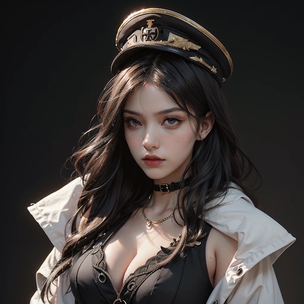 HDR, very detailed, Extra resolution, Masterpiece. 8k hd, a woman wearing a black gothic style military uniform, black military hat with gold details, iron cross symbol on the military hat, hips up, big breasts, realistic, Black-red set, white coat, black hair, Dark theme, military camp background, intense stare, elegant gesture, flowing dress, Detailed facial features, Long eyelashes, contrast, great details, Incredible atmosphere, Gothic style, black and white plate, Fascinating setting, Haunting beauty, artistic photography, everything is black