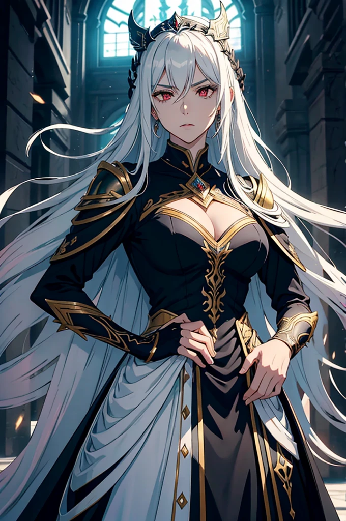 Crie uma imagem com Cadis Etrama Di Raizel e Erga Kenesis Di Raskreia do webtoon Noblesse. Raizel must be portrayed with his elegant and regal demeanor, wearing his traditional black suit and red tie, with her piercing red eyes and long black hair flowing gracefully. Beside him, portray Raskreia in her majestic and imposing presence, adorned on her white and gold armor with intricate details, her long silver hair falling down her back. Both characters must exude an aura of nobility and power, with a dramatic background that emphasizes his formidable and dignified nature. The scene should capture their unique bond and the strength they embody as leaders of their respective races..