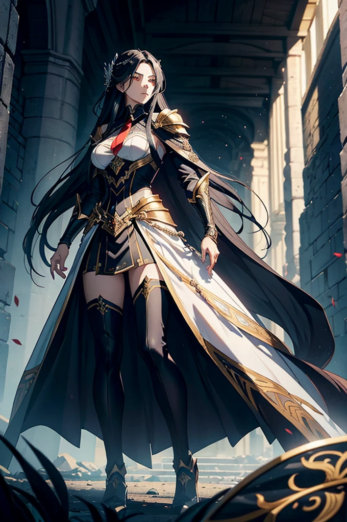 Crie uma imagem com Cadis Etrama Di Raizel e Erga Kenesis Di Raskreia do webtoon Noblesse. Raizel must be portrayed with his elegant and regal demeanor, wearing his traditional black suit and red tie, with her piercing red eyes and long black hair flowing gracefully. Beside him, portray Raskreia in her majestic and imposing presence, adorned on her white and gold armor with intricate details, her long silver hair falling down her back. Both characters must exude an aura of nobility and power, with a dramatic background that emphasizes his formidable and dignified nature. The scene should capture their unique bond and the strength they embody as leaders of their respective races..