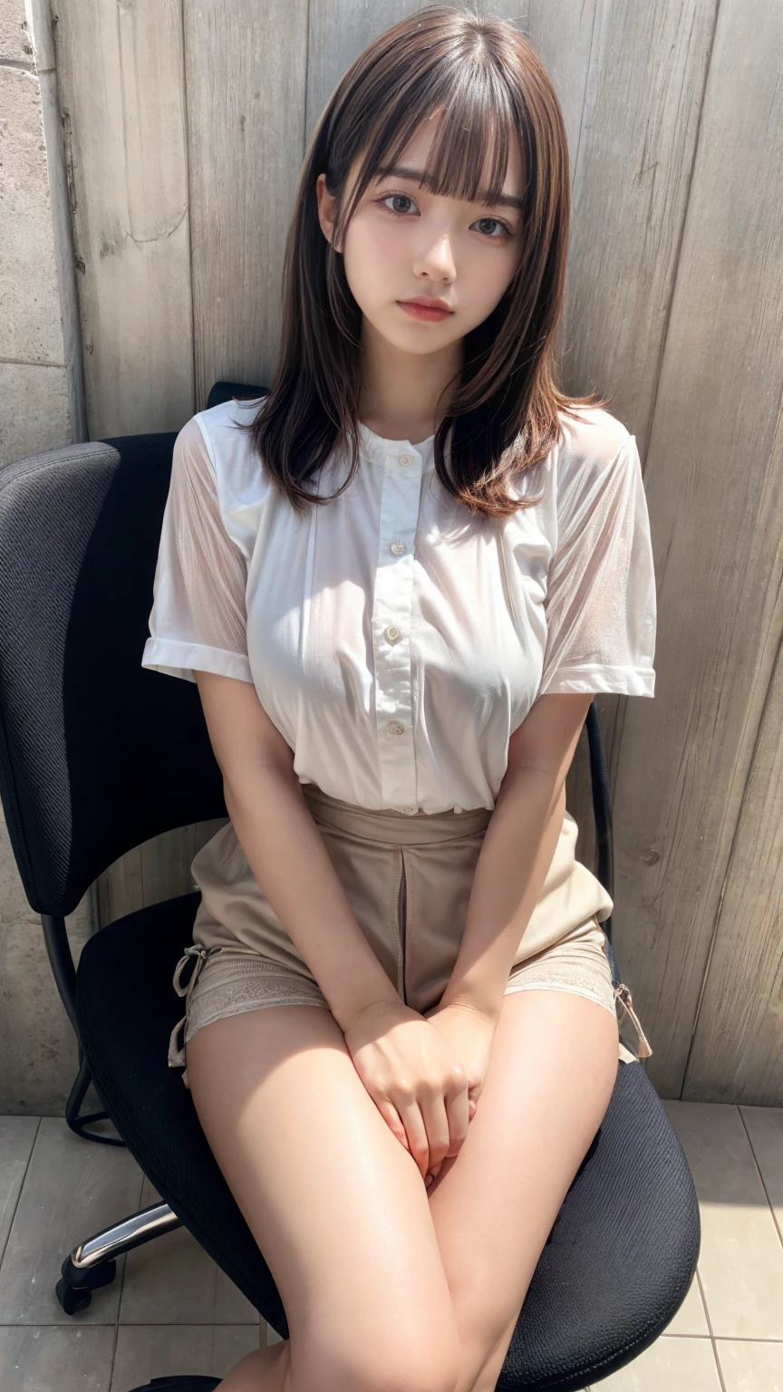 Beautiful woman、Well-formed face、Make the eyes even、Align your feet、Bright interior、Dark colored short sleeve shirt、itting on a chair in front of a wall、Bright interior、25age, light brown hair, hair over shoulder, parted bangs, straight hair, expressive hair, shiny hair, shy, parted lips, large breasts, Surrealism, first-person view, Nikon, UHD, anatomically correct, textured skin, high details, best quality, highres, 8k