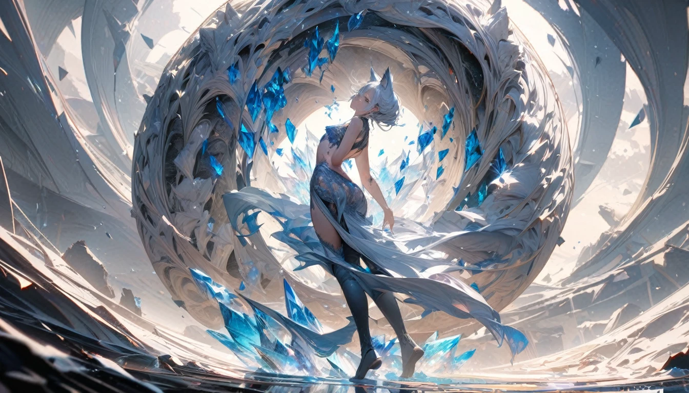 full body, shoot from front, arched back, standing, look at viewer, white, blue, black, masterpiece, high quality, best quality, detailed, hyper detailed, One boy, Facial Contour, 8K, White wolf ears boy, Crystals floating in a circle
