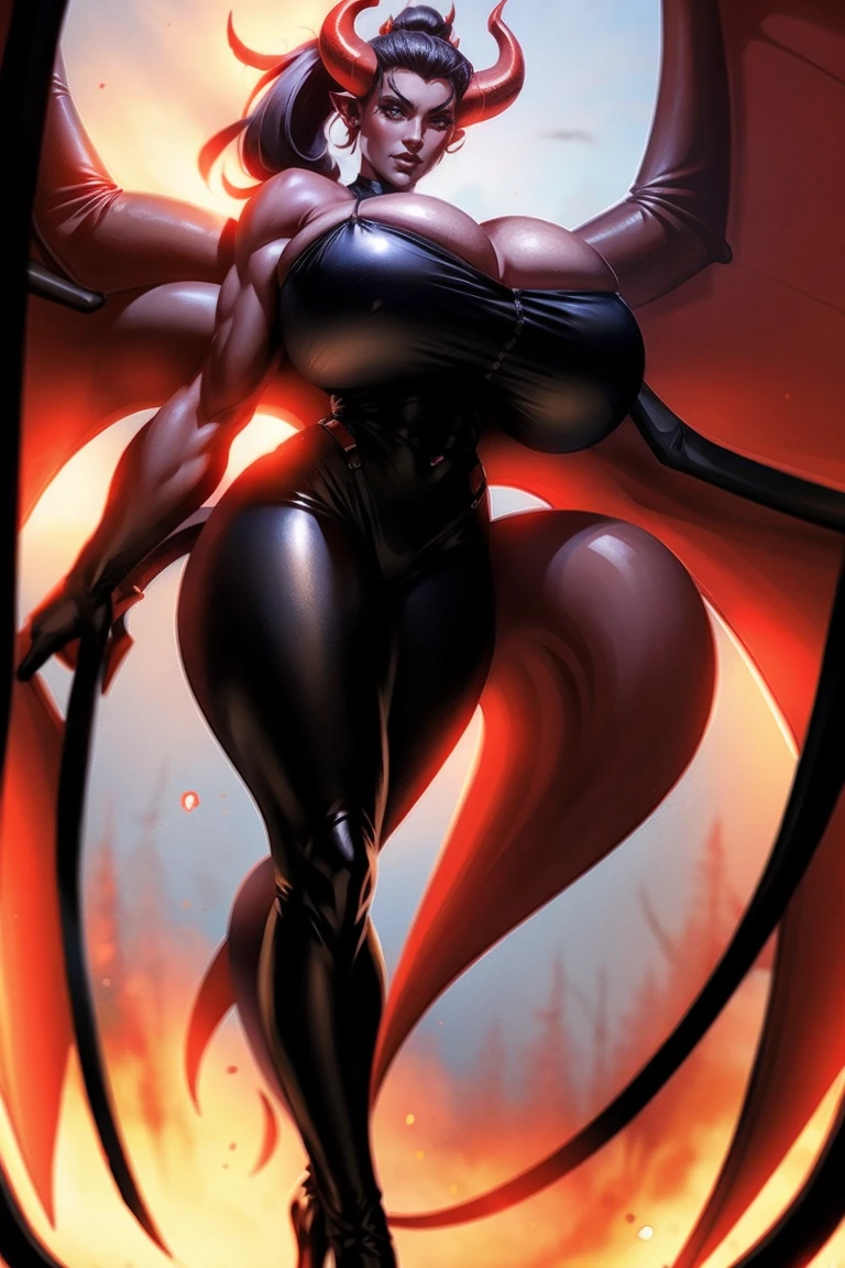 Red skin succubus tiefling, large breasts, black horns, wings, huge tail, black leather, tall, toned, graceful, thin, long black ponytail