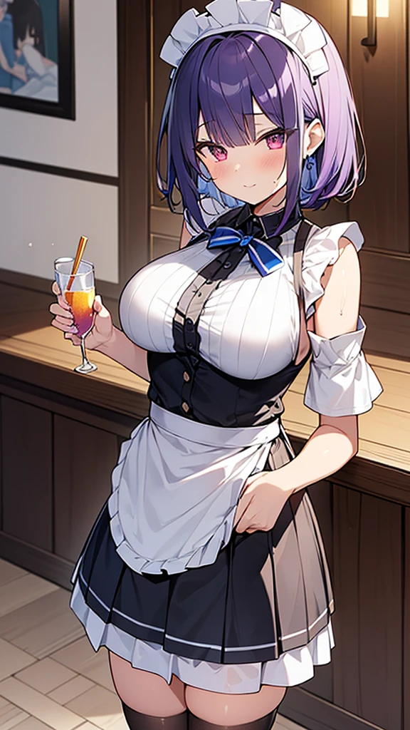 最high quality, high quality, Super detailed, 32k, Ultra-detailed details, Sister and maid, (only, Standing, pretty girl, beautiful purple hair, short hair, Beautiful RED eyes, mature, Big Breasts, A light smile, Off-the-shoulder sleeveless Summer メイド服, Summer casual maid clothes, Short skirt, Blue and white color striped underwear, Black knee socks, loafers, My crotch is wet with love juice, 18-year-old,cute), {{ターゲットの男の妹,The succubus infiltrates the mansion, peels the skin off her sister&#39;s face, replaces it with her own, and puts on a maid outfit with her sister&#39;s face, lifting her skirt to show her underwear., Mature body and sister&#39;s face}, She has transformed from a shy maid into a lewd one., A maid with her sister&#39;s face stuck on her face is vigorously pistoning her body, A maid who moves her body vigorously without caring if her breasts bounce, Super detailed, indoor, Full body image, ((Head to Toe:1.3)), NSFW