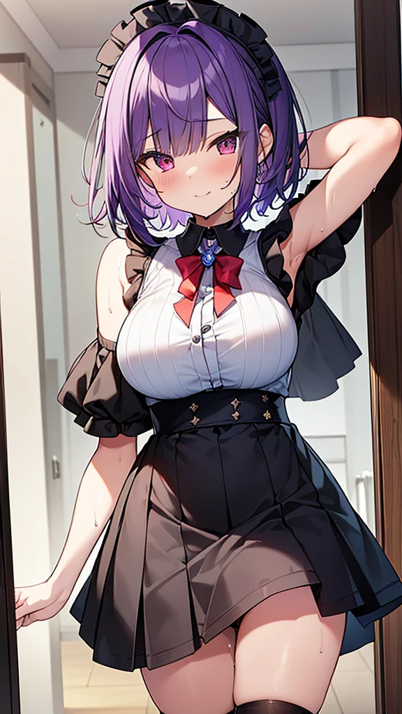 最high quality, high quality, Super detailed, 32k, Ultra-detailed details, Sister and maid, (only, Standing, pretty girl, beautiful purple hair, short hair, Beautiful RED eyes, mature, Big Breasts, A light smile, Off-the-shoulder sleeveless Summer メイド服, Summer casual maid clothes, Short skirt, Blue and white color striped underwear, Black knee socks, loafers, My crotch is wet with love juice, 18-year-old,cute), {{ターゲットの男の妹,The succubus infiltrates the mansion, peels the skin off her sister&#39;s face, replaces it with her own, and puts on a maid outfit with her sister&#39;s face, lifting her skirt to show her underwear., Mature body and sister&#39;s face}, She has transformed from a shy maid into a lewd one., A maid with her sister&#39;s face stuck on her face is vigorously pistoning her body, A maid who moves her body vigorously without caring if her breasts bounce, Super detailed, indoor, Full body image, ((Head to Toe:1.3)), NSFW