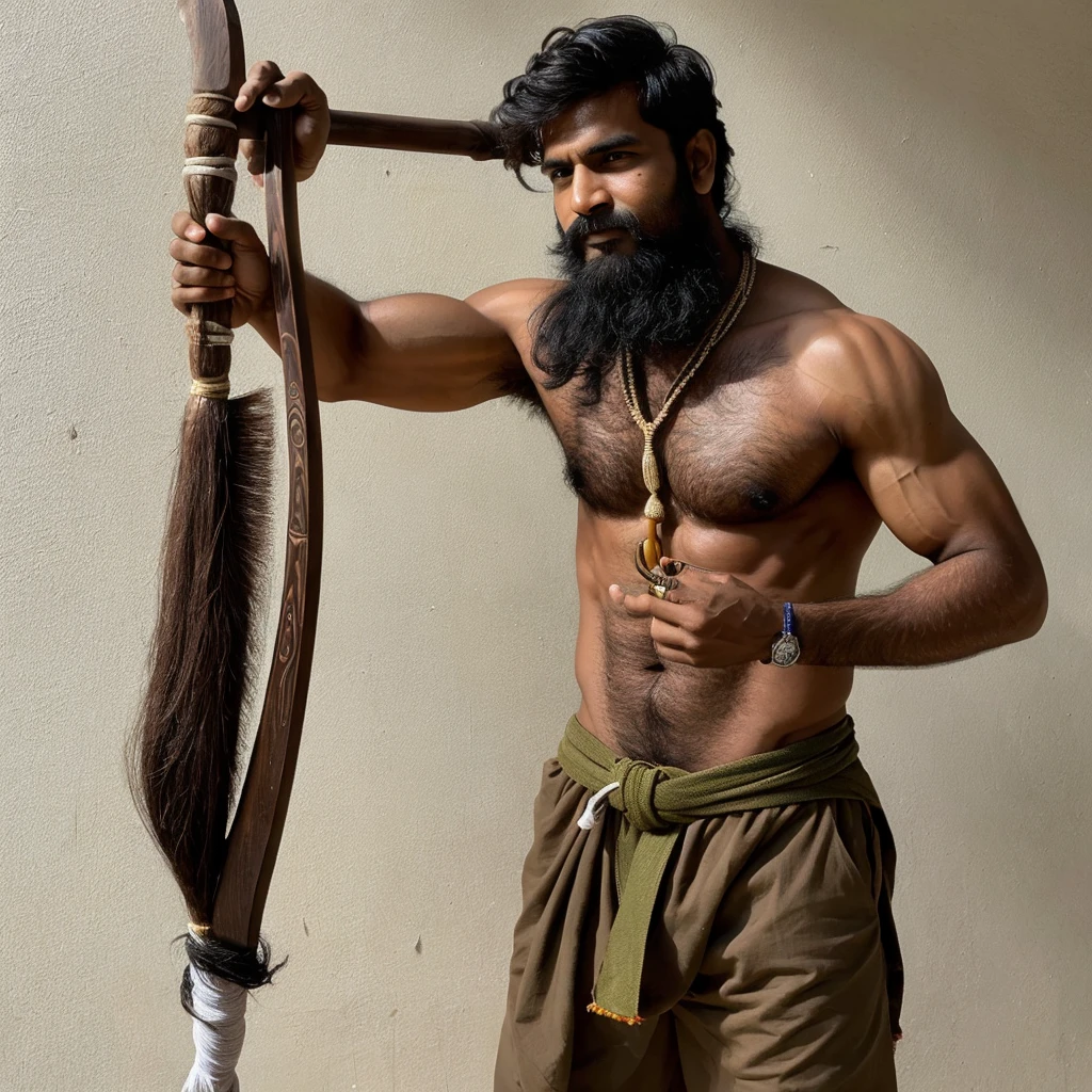 An indian man, well build physic, toned muscles, well defined details, long hair, bearded, holding a double sided axe, wearing a safron colour dhothi, wearing rudraksha around the neck and hands