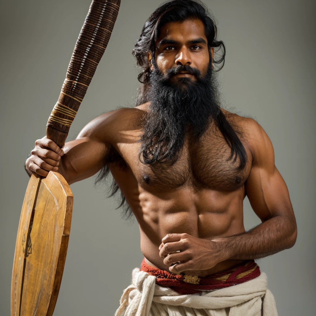 An indian man, well build physic, toned muscles, well defined details, long hair, bearded, holding a double sided axe, wearing a safron colour dhothi, wearing rudraksha around the neck and hands