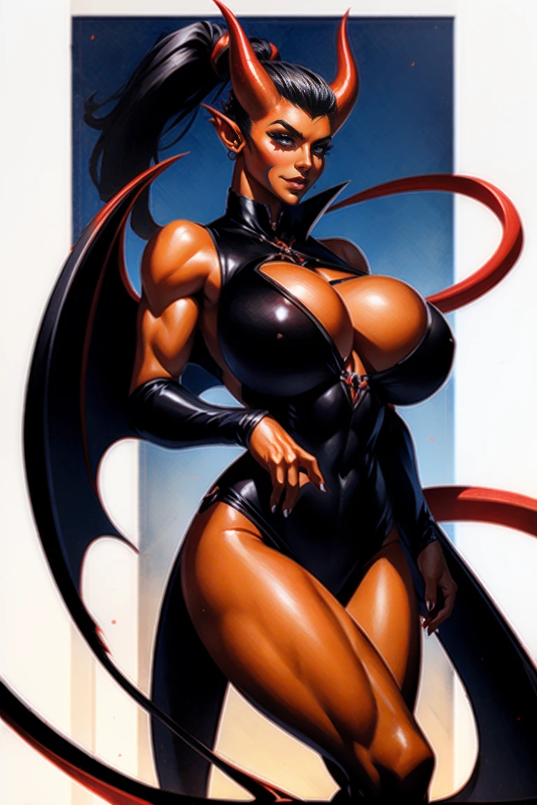 Red skin succubus tiefling, medium breasts, black horns, wings, huge tail, black leather, tall, toned, graceful, thin, long black ponytail