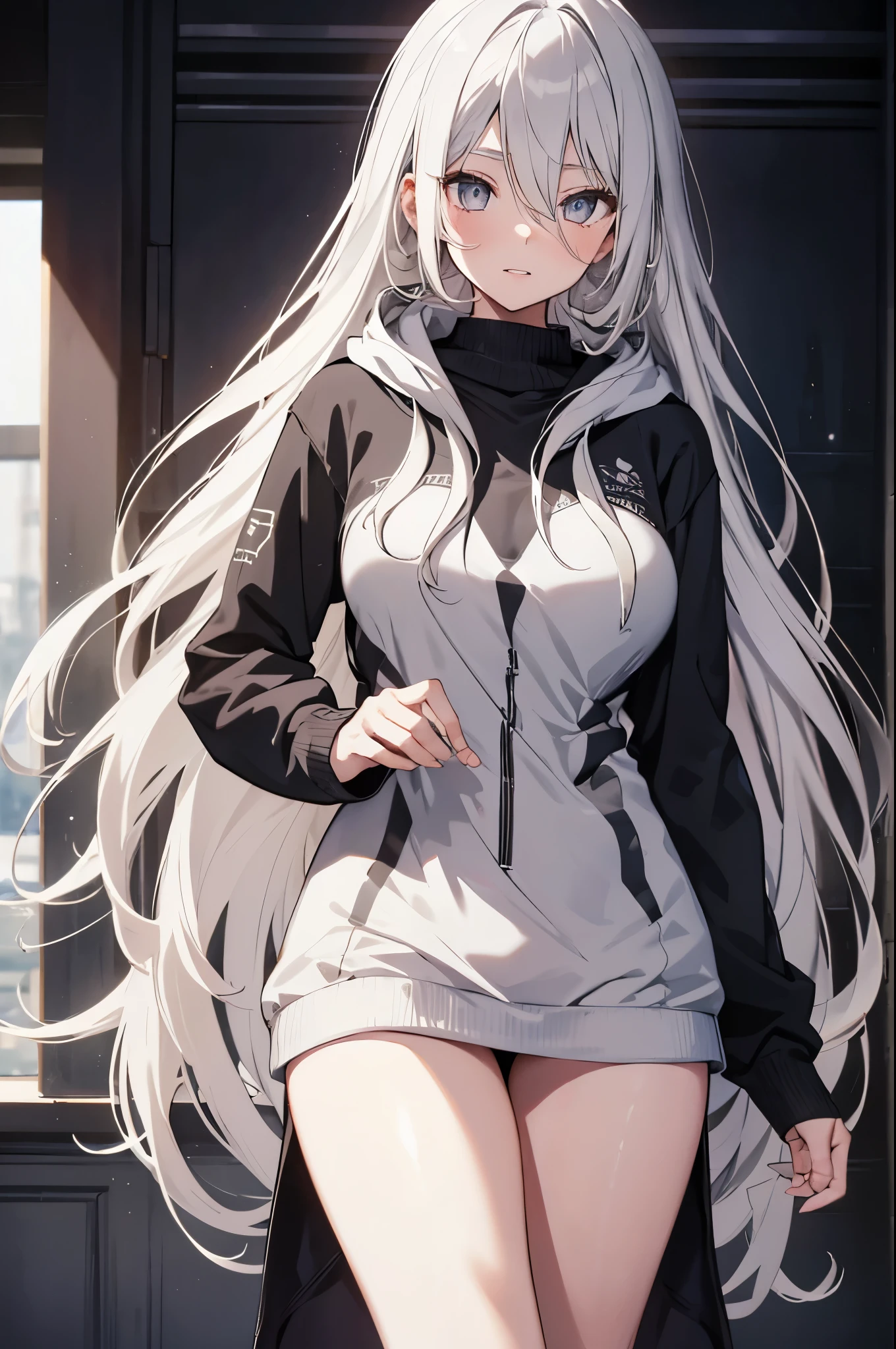 1girl, {Solitary}, Upper Body ,{{ {Watching at viewer}}}, Arms at your sides, Concept Art, white Background, simple Background, White hair, Silver gradient hair , Composite cloth, Asymmetrical clothes, Virtual YouTuber, best quality, masterpiece, Dynamic Angle, , cowboy_shooting, Watching_Back, grab, girl,Miss,woman, young,20 years old, Very long hair, Hair Flip, Silver Hair, Flowing hair, Ahog, giggle, Beautiful and delicate golden eyes, teeth, Large Breasts, Blonde eyes, White skin, hoodie, Black_shorts, Gray clothes, transparent_Background, Backlighting, absurd, high resolution, Extremely detailed,sweater,No pants