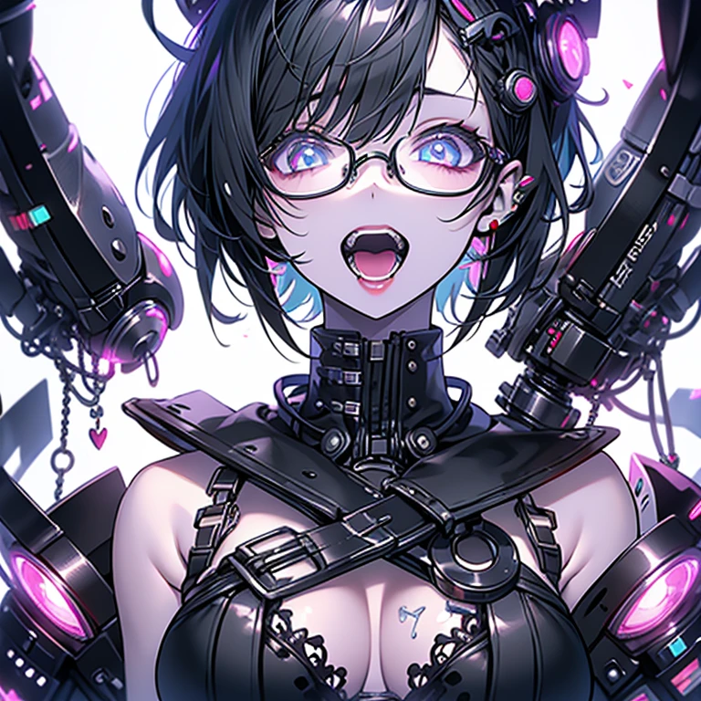 Highest quality,Highest Resolution,sexy,neon,Short Bob,Very beautiful eyes,Ecstasy face,Big Breasts,whole body,Glasses,Black Hair